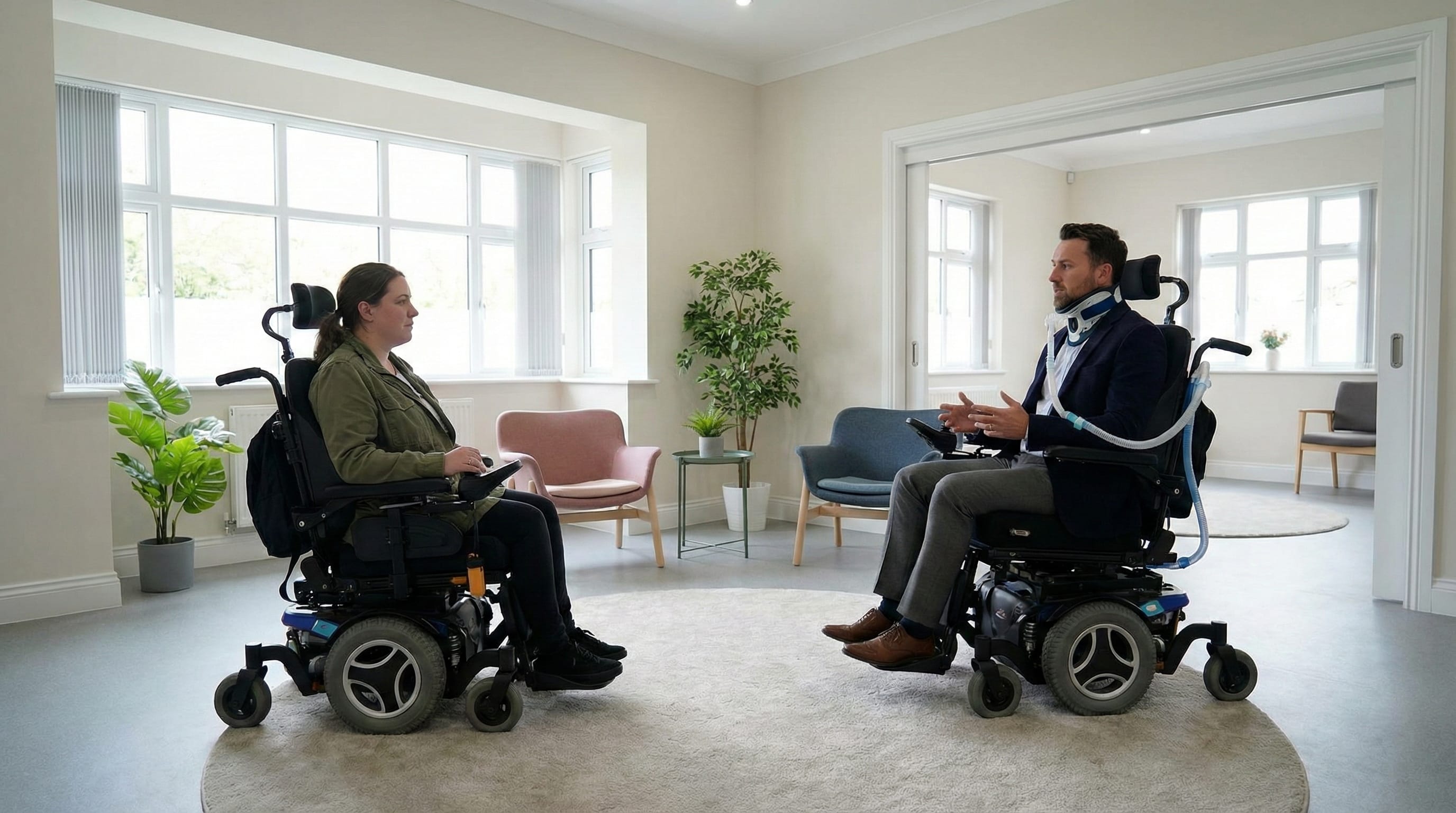 "Two people in powered wheelchairs facing each other and having a conversation about a PIP Mental Health Assessment and Report for a client in a bright consultation room."